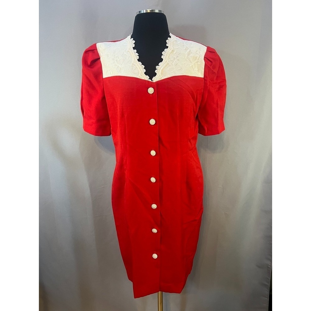 VTG 80s JF J. Ferrar Red Lace Yoke Wiggle Dress Pearl Buttons Puff Sleeve USA